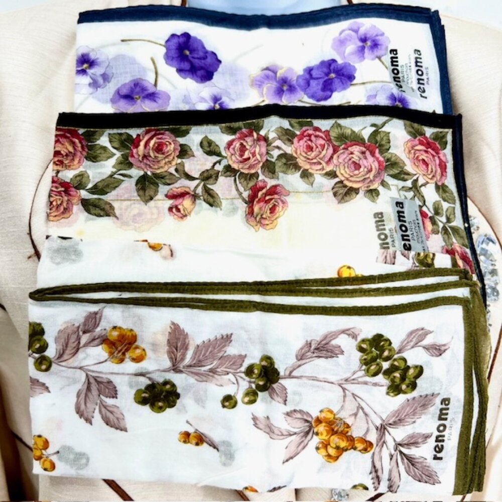 New Set of 3 Hankderchiefs Renoma Paris , Cotton 16" purple peach green flora(26
